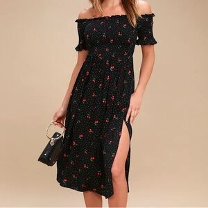 Lulus Cherry Print Off-the-Shoulder Midi Dress